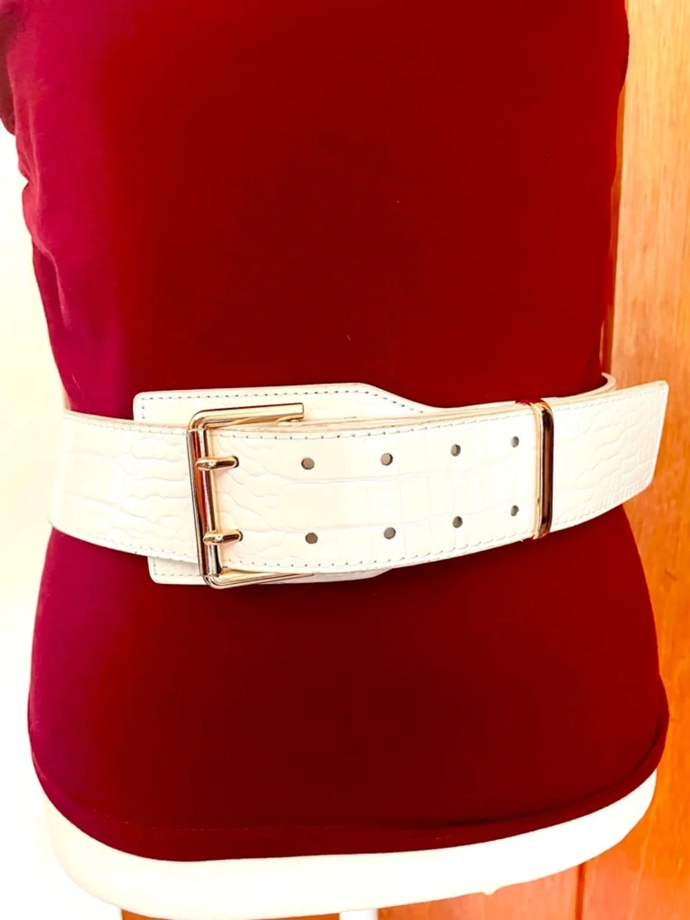 White Croc Embossed Wide Belt Gold Double Prong Buckle Chunky Oversized Retro
